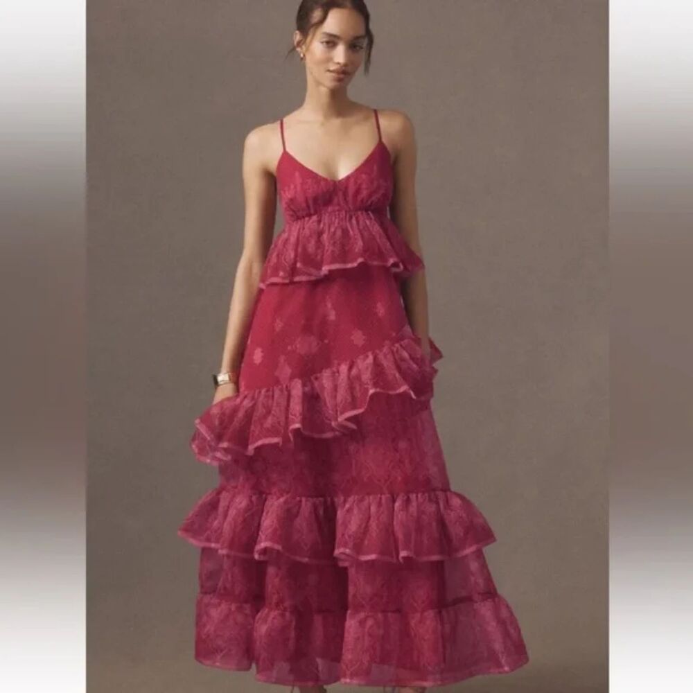 Let Me Be Anthropologie Tiered Sheer Sleeveless Ruffle Dress Pink XS